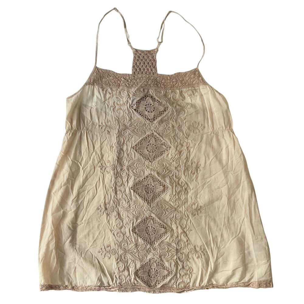 Forever 21 Women Blouse L/G Beige Floral Bohemian Crochet Embroidered Pullover